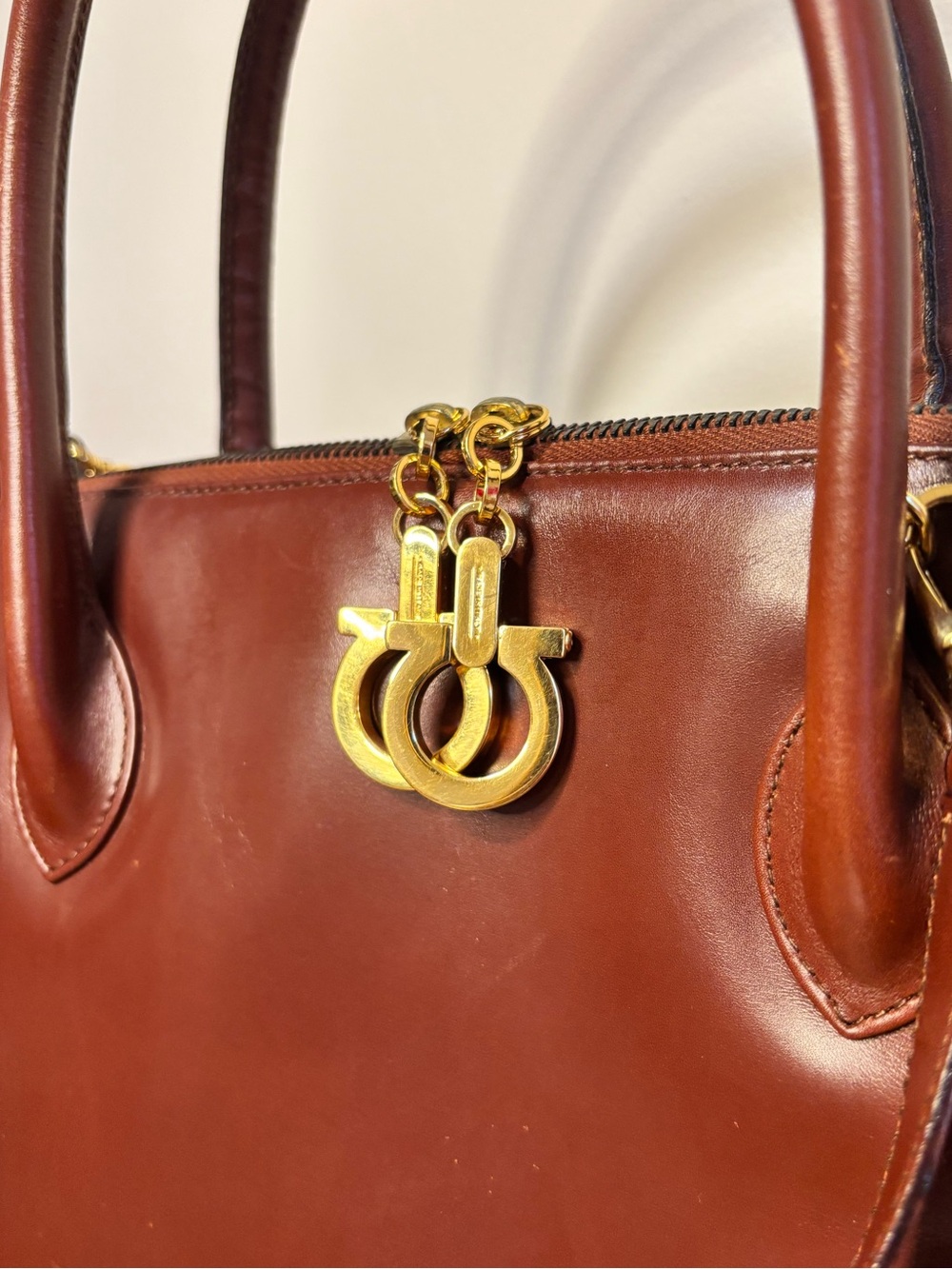 Vintage Salvatore Ferragamo Brown Leather Gancini Dome Satchel Crossbody Bag - Picture 5 of 15